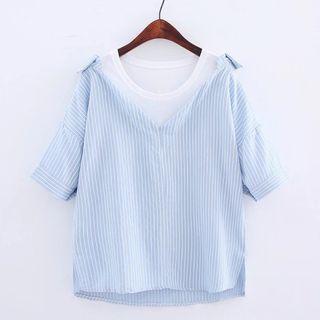 Striped Mock Two-piece Short-sleeve Blouse