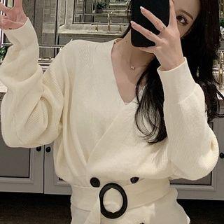 Long-sleeve Double Breasted Tie-waist Knit Top