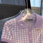 Short-sleeve Collar Gingham Cardigan Purple - One Size