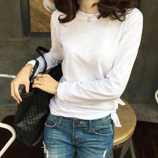 Slit-side Long-sleeve Plain T-shirt