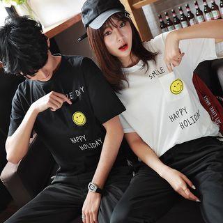 Couple Matching Smiley Face Embroidered Short Sleeve T-shirt