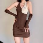 Set: Halter-neck Two-tone Mini Sheath Dress + Arm Sleeves