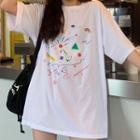 Printed Short-sleeve Long T-shirt As Shown In Figure - One Size