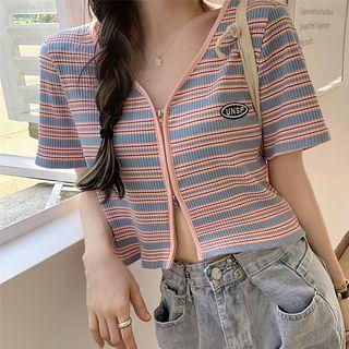 Short-sleeve Striped Zip Knit Top