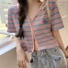 Short-sleeve Striped Zip Knit Top