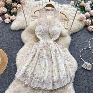 Sleeveless Halter Floral Chiffon A-line Dress