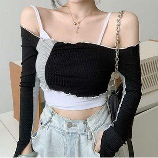 Set: Long-sleeve T-shirt + Spaghetti Strap Top Set Of 2 - T-shirt & Top - Black - One Size