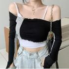 Set: Long-sleeve T-shirt + Spaghetti Strap Top Set Of 2 - T-shirt & Top - Black - One Size