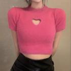 Short-sleeve Plain Heart Shape Cut Out Slim Fit Crop Top Rose Pink - One Size
