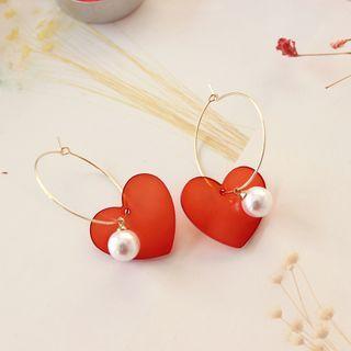 Faux Pearl Heart Dangle Earring 1 Pair - Red Heart - Gold - One Size