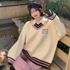 Mock Two-piece Lettering Patch Polo Sweater