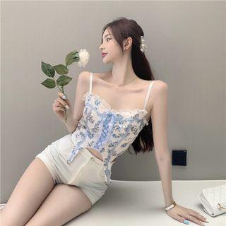 Floral Lace-up Cropped Camisole Top