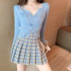 Ribbed Camisole Top / Cardigan / Plaid A-line Skirt / Set