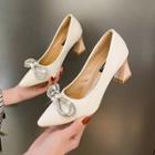 Embellished Bow Faux Leather Block Heel Pumps
