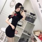 Flower Embroidered Cold-shoulder Short-sleeve Mini Sheath Dress