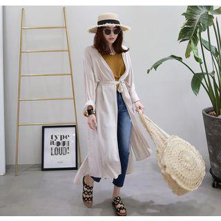Dip-back Open-front Long Cardigan With Sash