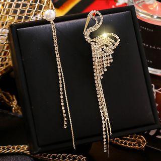 Non-matching Faux Pearl Rhinestone Crane Fringed Earring 1 Pair - As Shown In Figure - One Size