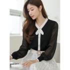 Piped Chiffon-sleeve Knit Blouse Black - One Size