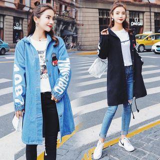 Print Hooded Long Denim Jacket