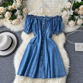 Ruffle Trim Off-shoulder Denim Mini A-line Dress