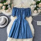 Ruffle Trim Off-shoulder Denim Mini A-line Dress