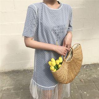 Set: Lettering Short-sleeve T-shirt Dress + Short-sleeve Mesh Dress