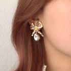 Bow Drop Ear Stud 1 Pair - Earring - Bow - Gold - One Size