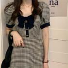 Bow Accent Plaid Short-sleeve Mini A-line Dress
