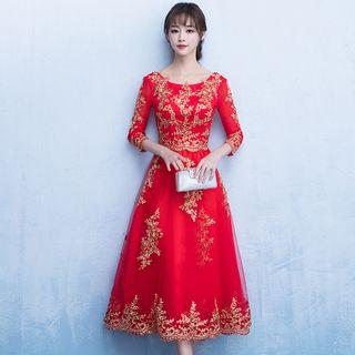 Embroidered A-line Midi Evening Dress