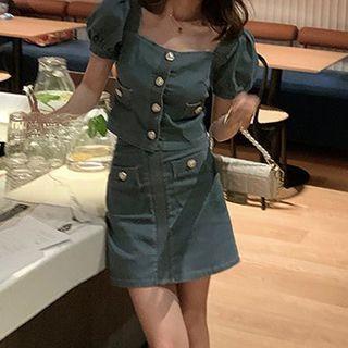 Denim Short-sleeve Top / A-line Skirt / Set
