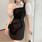 Puff-sleeve Shirt / Mini A-line Overall Dress / Set