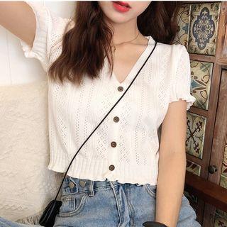 Short-sleeve Perforated Buttoned Cropped Knit Top
