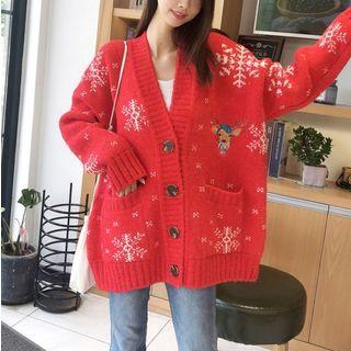 Reindeer Embroidered Snowflake Print Cardigan