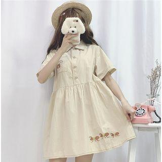 Embroidered Short-sleeve A-line Dress Khaki - One Size
