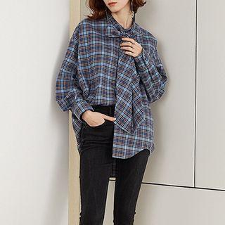 Plaid Tie Neck Blouse