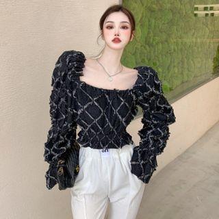 Puff-sleeve Square Neck Denim Blouse