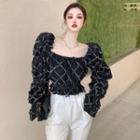 Puff-sleeve Square Neck Denim Blouse