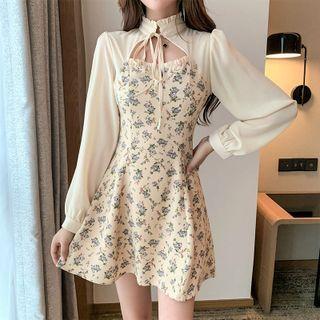 Long-sleeve Cutout Floral Print Dress