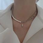 Faux Pearl Waterdrop Necklace 1pc - Silver & White - One Size