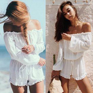 Long-sleeve Off Shoulder Ruffle Trim Playsuit