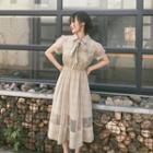 Mesh Panel Plaid Short-sleeve Midi A-line Dress