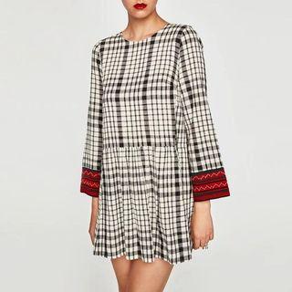Long-sleeve Panel Cuff Gingham Dress