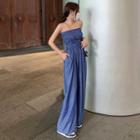 Plain Smocked Tube Jumpsuit Blue - One Size