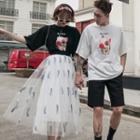 Couple Matching Elbow-sleeve Print T-shirt / A-line Midi Skirt / Shorts