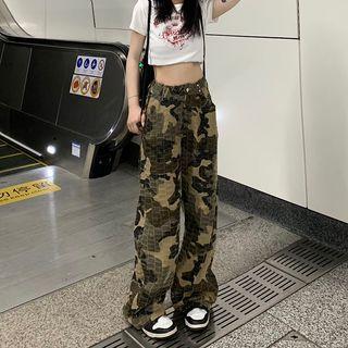 High Waist Camo Print Loose-fit Pants