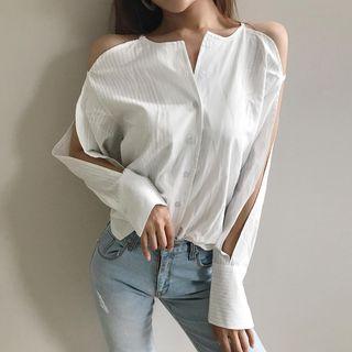 Cut Out Shoulder Striped Shirt