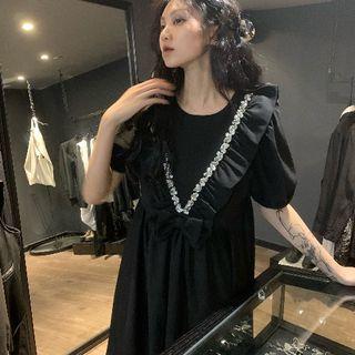 Short-sleeve Ruffled A-line Dress Black - One Size