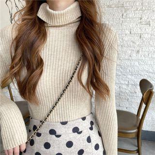 Long-sleeve High-neck Ribbed Knit Top