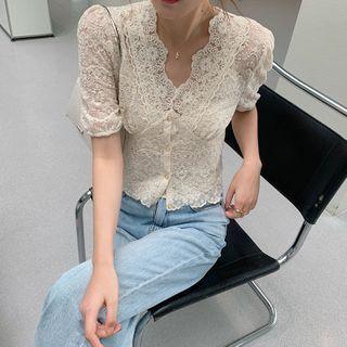 Lace V-neck Short-sleeve Cropped Blouse