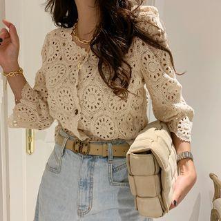 Scalloped Crochet Knit Cardigan Light Beige - One Size